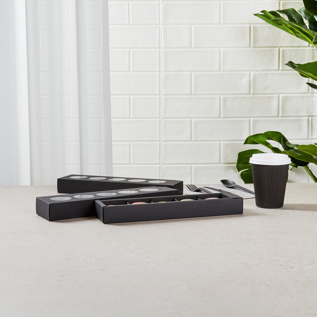 Valentino Rectangle Black Paper Macaron Box - Holds 5 Macarons - 12" x 3" x 1 1/2" - 100 count box