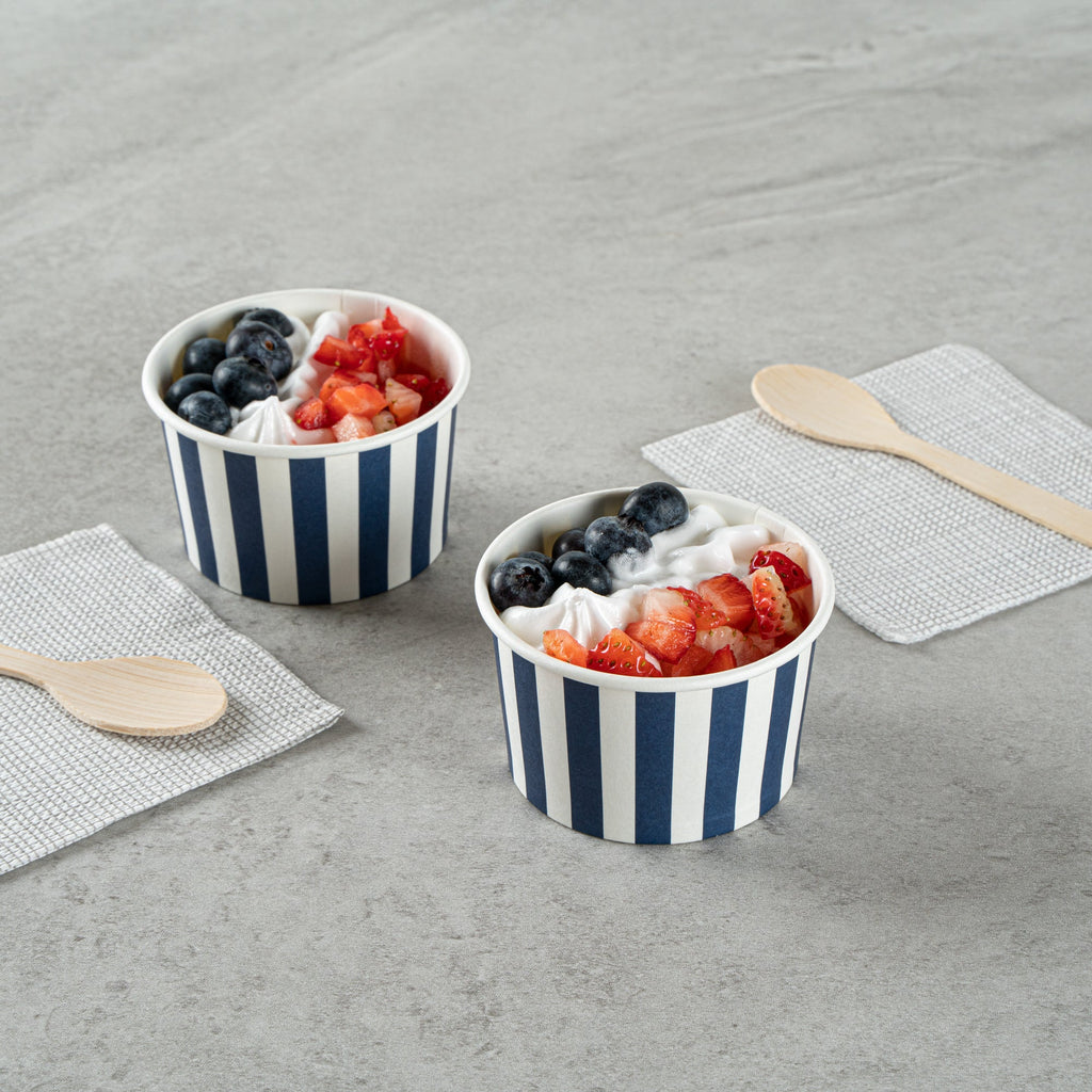 Coppetta 3 oz Round Blue and White Stripe Paper To Go Cup - 3" x 3" x 1 3/4" - 50 count box