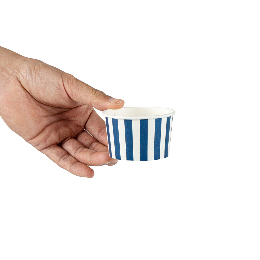 Coppetta 3 oz Round Blue and White Stripe Paper To Go Cup - 3" x 3" x 1 3/4" - 50 count box