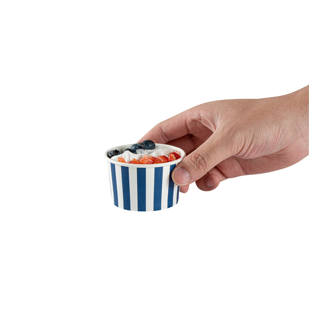 Coppetta 3 oz Round Blue and White Stripe Paper To Go Cup - 3" x 3" x 1 3/4" - 50 count box