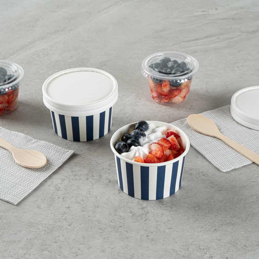 Coppetta 3 oz Round Blue and White Stripe Paper To Go Cup - 3" x 3" x 1 3/4" - 50 count box