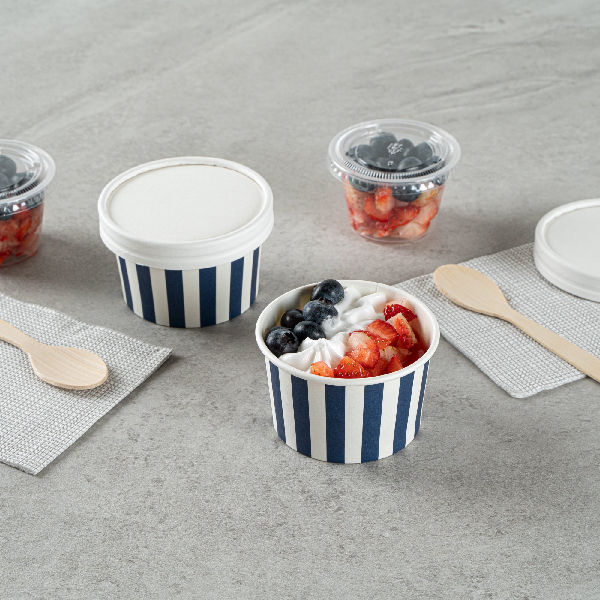 Coppetta 3 oz Round Blue and White Stripe Paper To Go Cup - 3" x 3" x 1 3/4" - 50 count box