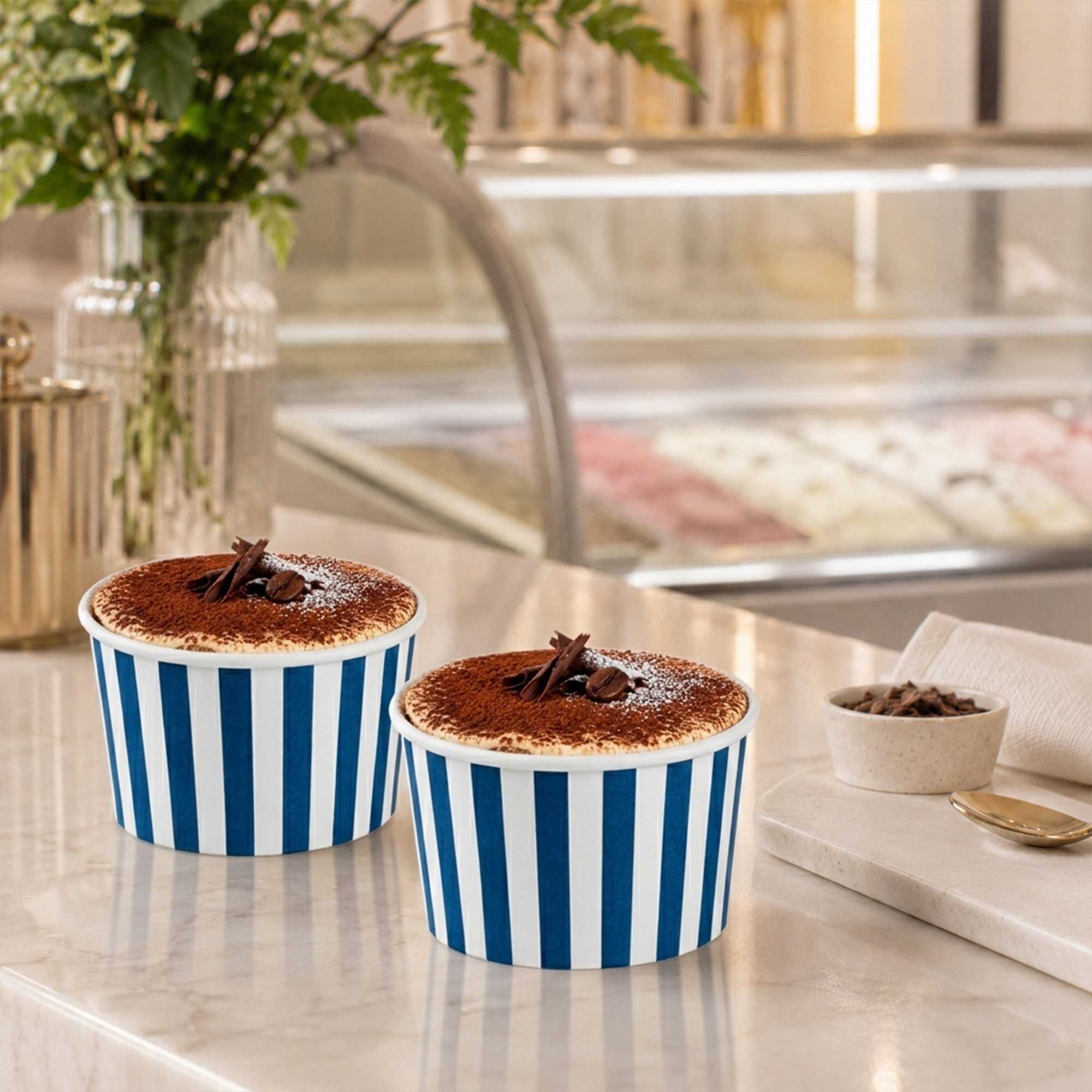 Coppetta 5 oz Round Blue and White Stripe Paper To Go Cup - 3 1/4" x 3 1/4" x 2" - 200 count box