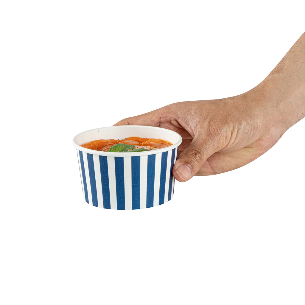 Coppetta 8 oz Round Blue and White Stripe Paper To Go Cup - 3 3/4" x 3 3/4" x 2 1/4" - 200 count box
