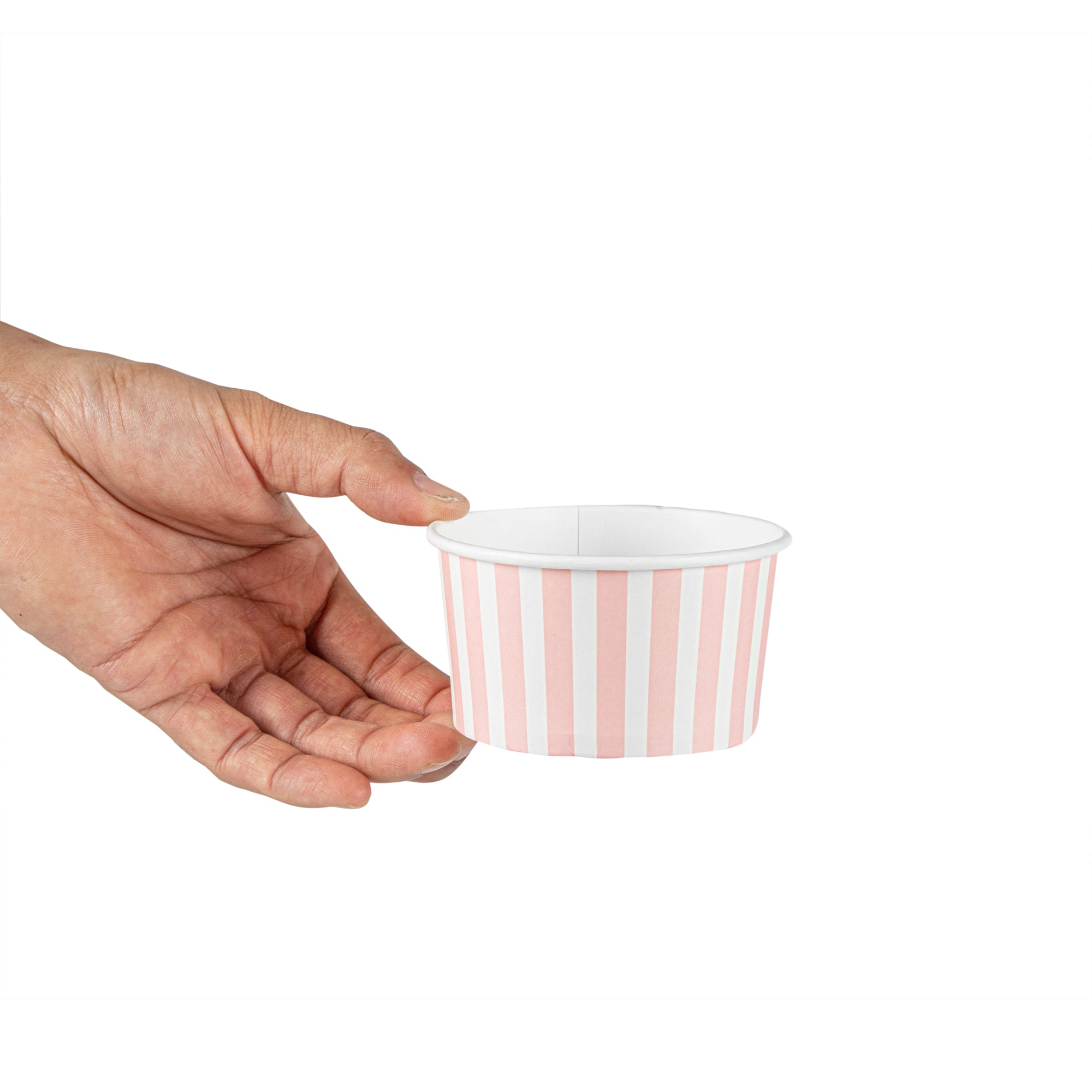 Coppetta 8 oz Round Pink and White Stripe Paper To Go Cup - 3 3/4" x 3 3/4" x 2 1/4" - 200 count box