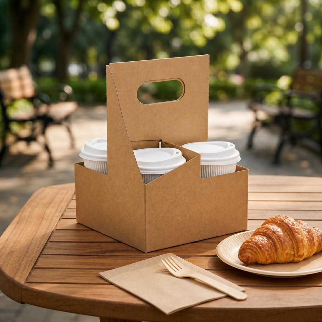 Restpresso Kraft Paper Altalena Drink Carrier - Fits 4 Cups - 7 1/4" x 7 1/4" x 9 1/4" - 100 count box