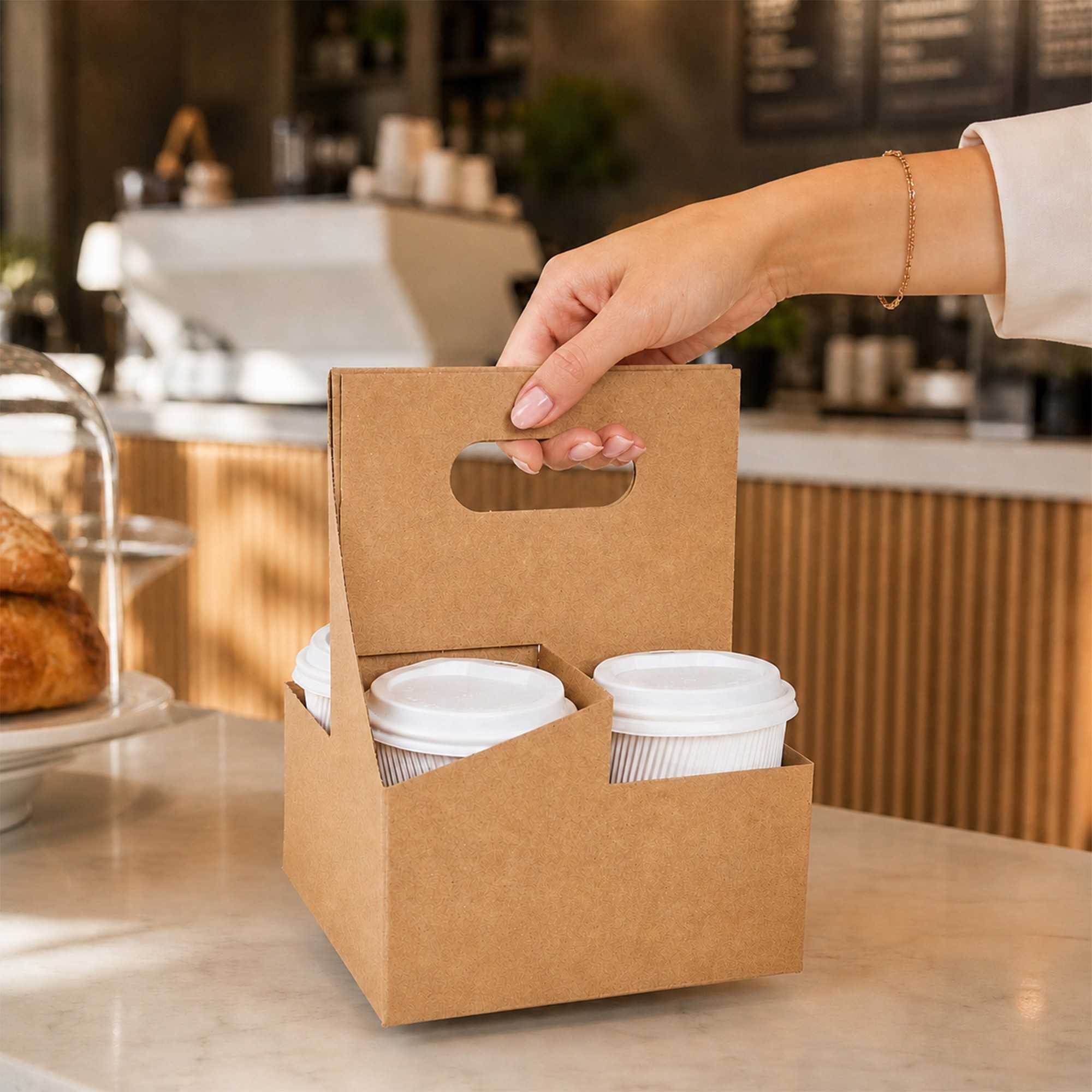 Restpresso Kraft Paper Altalena Drink Carrier - Fits 4 Cups - 7 1/4" x 7 1/4" x 9 1/4" - 100 count box