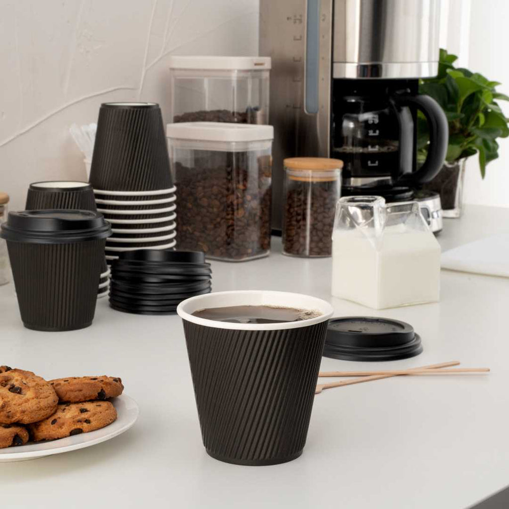 Restpresso 8 oz Round Black Paper Coffee Cup - Ripple Wall - 3 1/2" x 3 1/2" x 3 1/4" - 500 count box