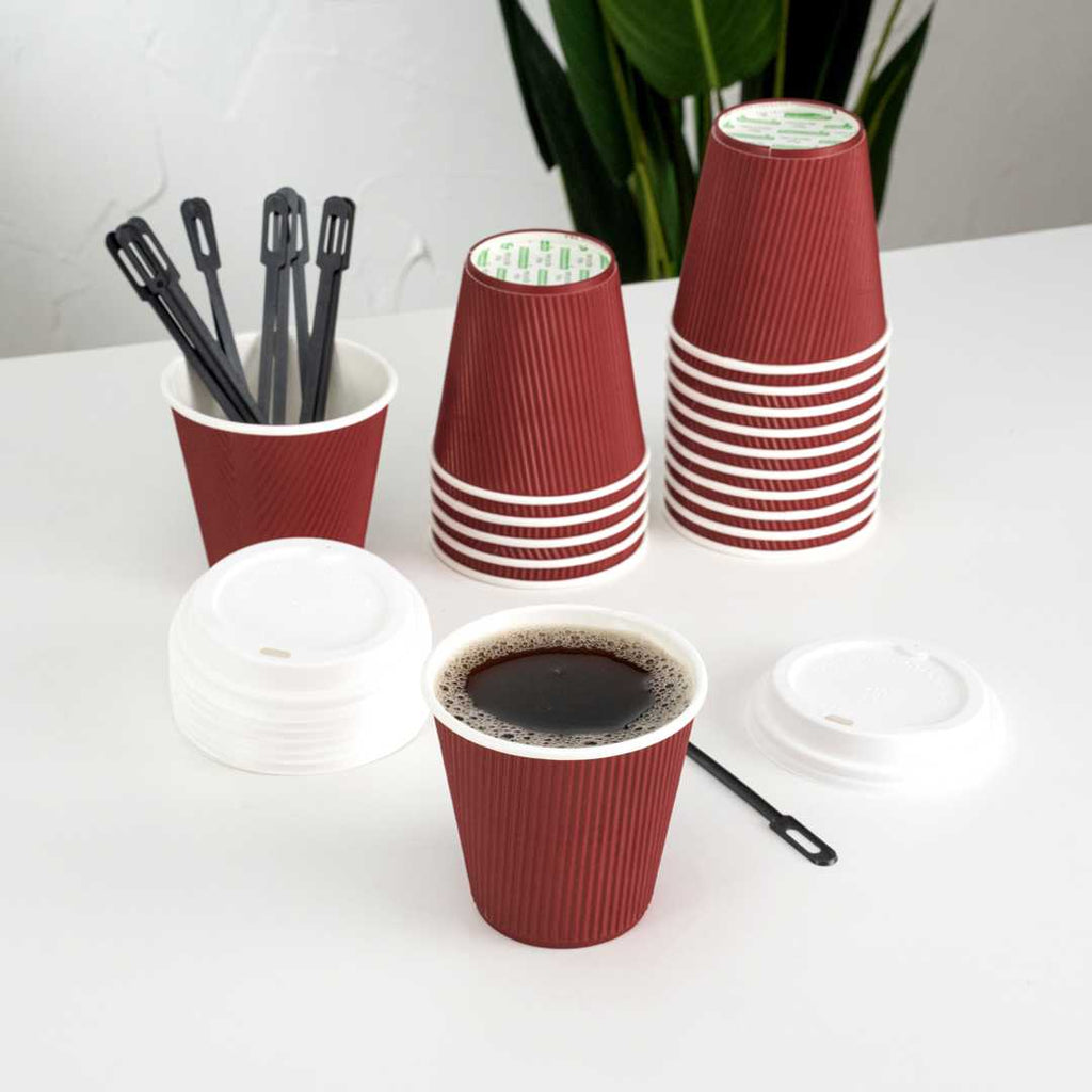 Restpresso 8 oz Crimson Paper Coffee Cup - Ripple Wall - 3 1/2" x 3 1/2" x 3 1/4" - 500 count box