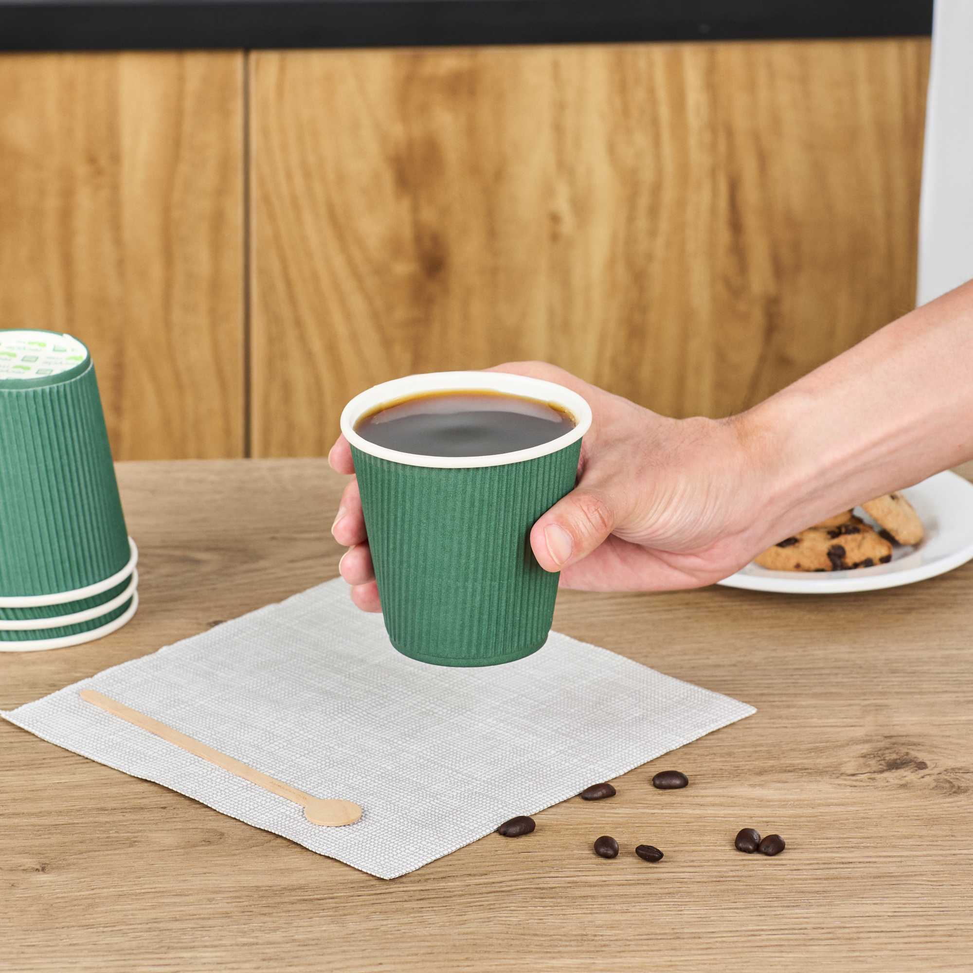 Restpresso 8 oz Forest Green Paper Coffee Cup - Ripple Wall - 3 1/2" x 3 1/2" x 3 1/4" - 25 count box