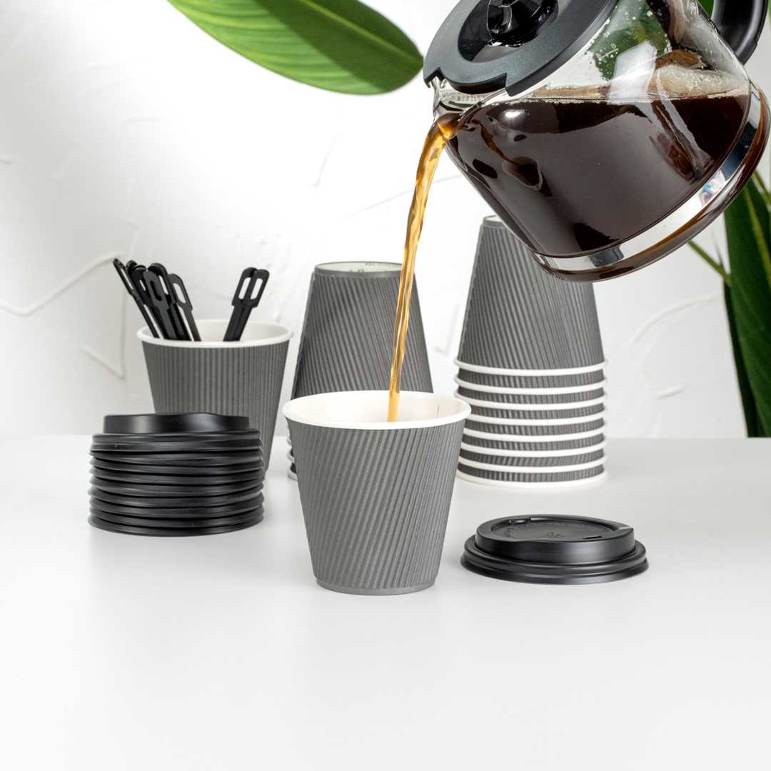 Restpresso 8 oz Gray Paper Coffee Cup - Ripple Wall - 3 1/2" x 3 1/2" x 3 1/4" - 25 count box