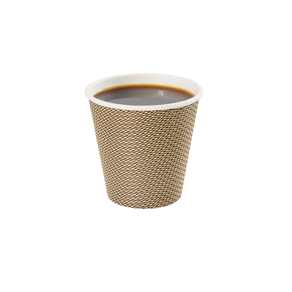 Restpresso 8 oz Mocha Pin Check Paper Coffee Cup - Spiral Wall - 3 1/2" x 3 1/2" x 3 1/4" - 25 count box