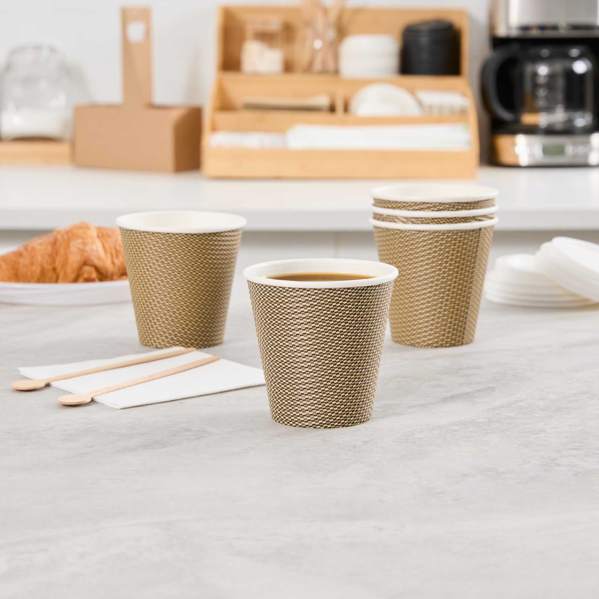 Restpresso 8 oz Mocha Pin Check Paper Coffee Cup - Spiral Wall - 3 1/2" x 3 1/2" x 3 1/4" - 25 count box