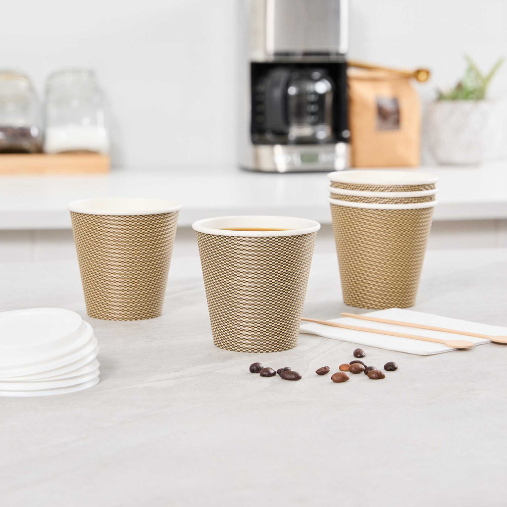 Restpresso 8 oz Mocha Pin Check Paper Coffee Cup - Spiral Wall - 3 1/2" x 3 1/2" x 3 1/4" - 25 count box