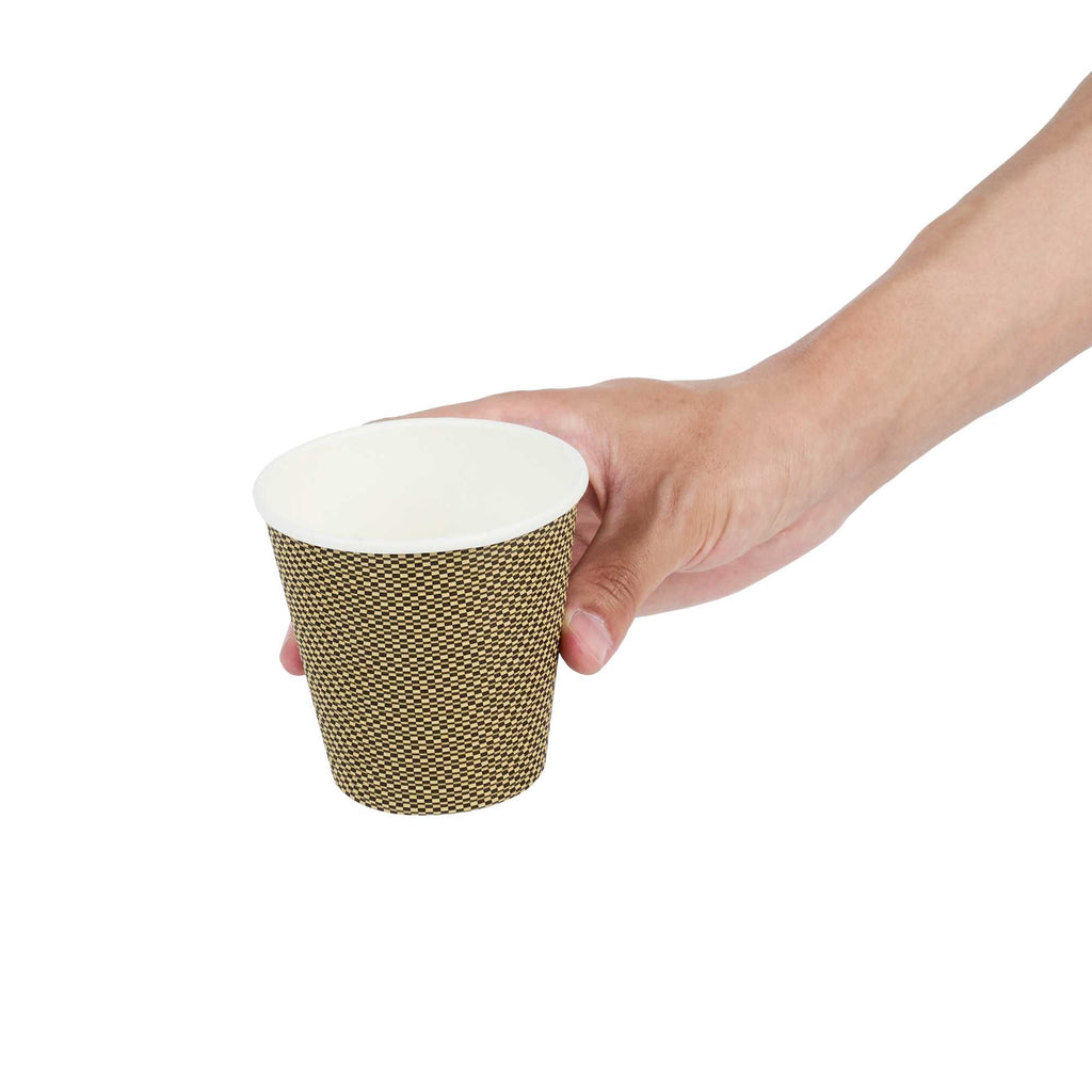 Restpresso 8 oz Mocha Pin Check Paper Coffee Cup - Spiral Wall - 3 1/2" x 3 1/2" x 3 1/4" - 500 count box