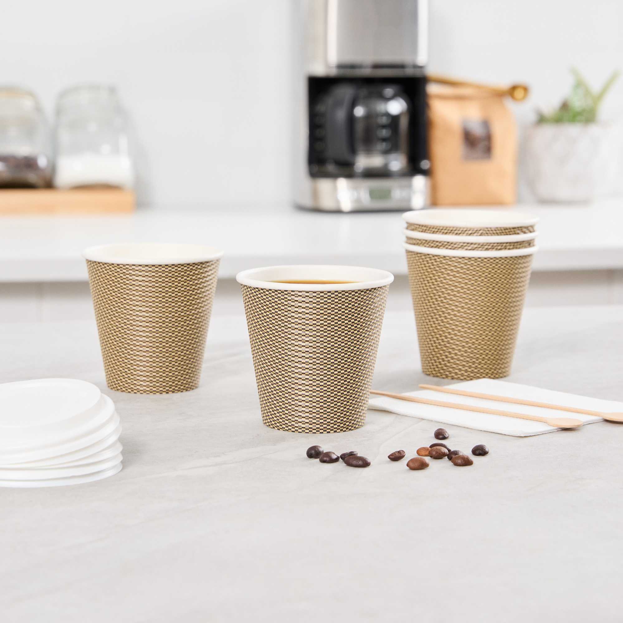 Restpresso 8 oz Mocha Pin Check Paper Coffee Cup - Spiral Wall - 3 1/2" x 3 1/2" x 3 1/4" - 500 count box