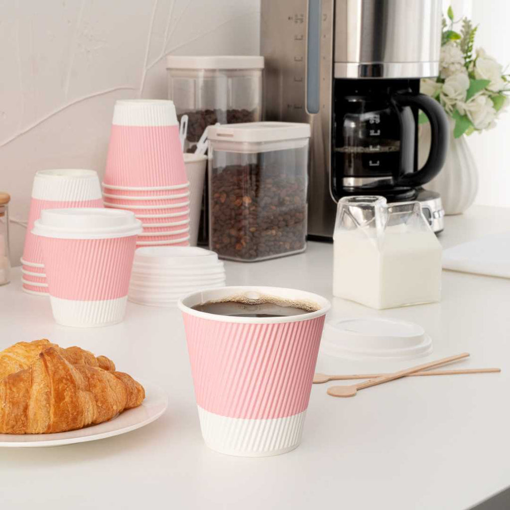 Restpresso 8 oz Light Pink Paper Coffee Cup - Ripple Wall - 3 1/2" x 3 1/2" x 3 1/4" - 25 count box