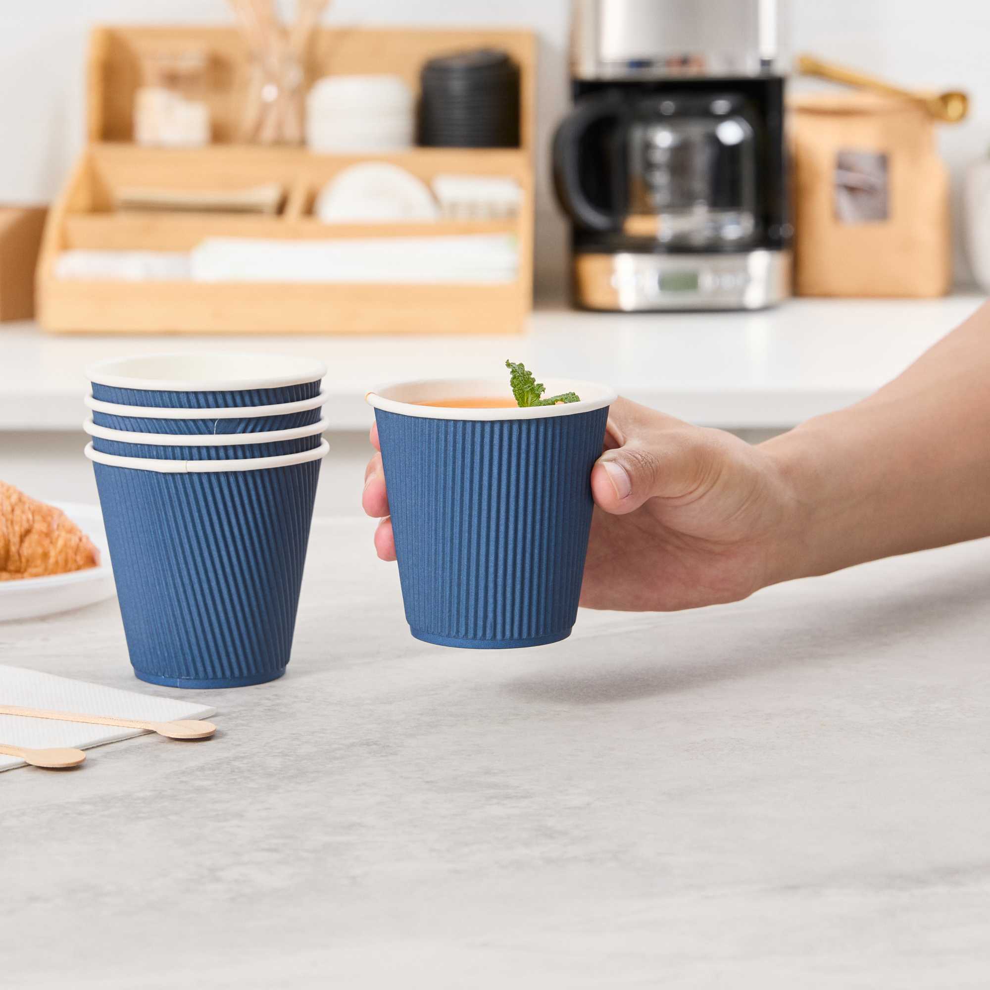 Restpresso 8 oz Midnight Blue Paper Coffee Cup - Ripple Wall - 3 1/2" x 3 1/2" x 3 1/4" - 25 count box