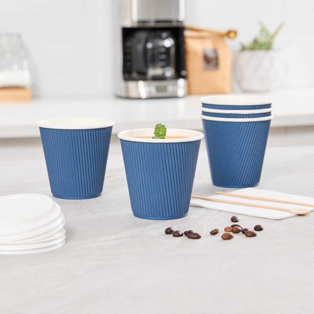 Restpresso 8 oz Midnight Blue Paper Coffee Cup - Ripple Wall - 3 1/2" x 3 1/2" x 3 1/4" - 25 count box