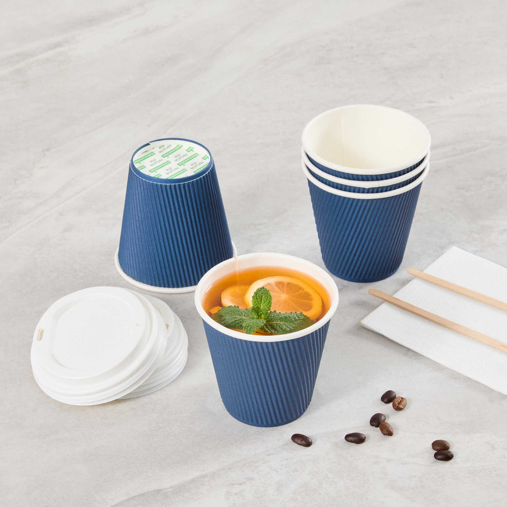 Restpresso 8 oz Midnight Blue Paper Coffee Cup - Ripple Wall - 3 1/2" x 3 1/2" x 3 1/4" - 500 count box