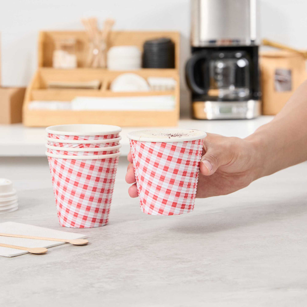Restpresso 8 oz Picnic Print Paper Coffee Cup - Spiral Wall - 3 1/2" x 3 1/2" x 3 1/4" - 25 count box
