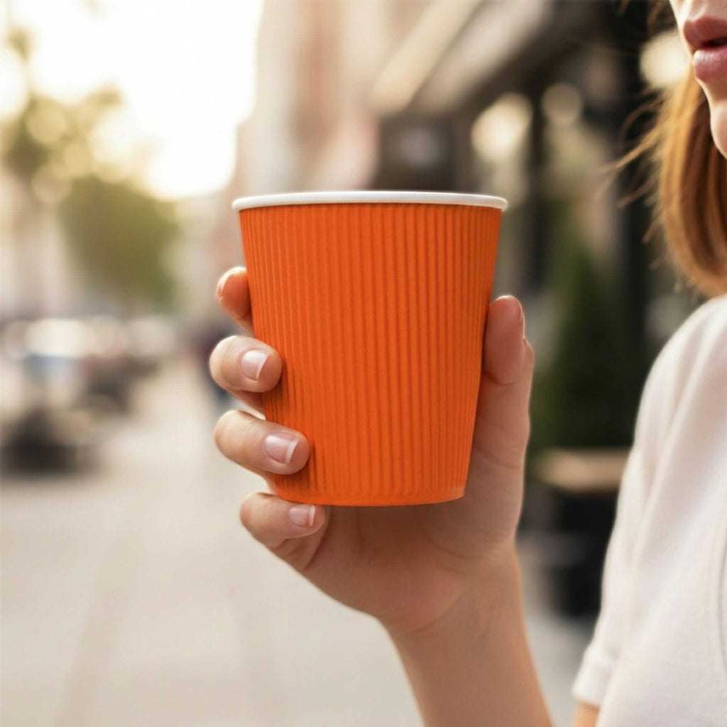 Restpresso 8 oz Tangerine Orange Paper Coffee Cup - Ripple Wall - 3 1/2" x 3 1/2" x 3 1/4" - 500 count box