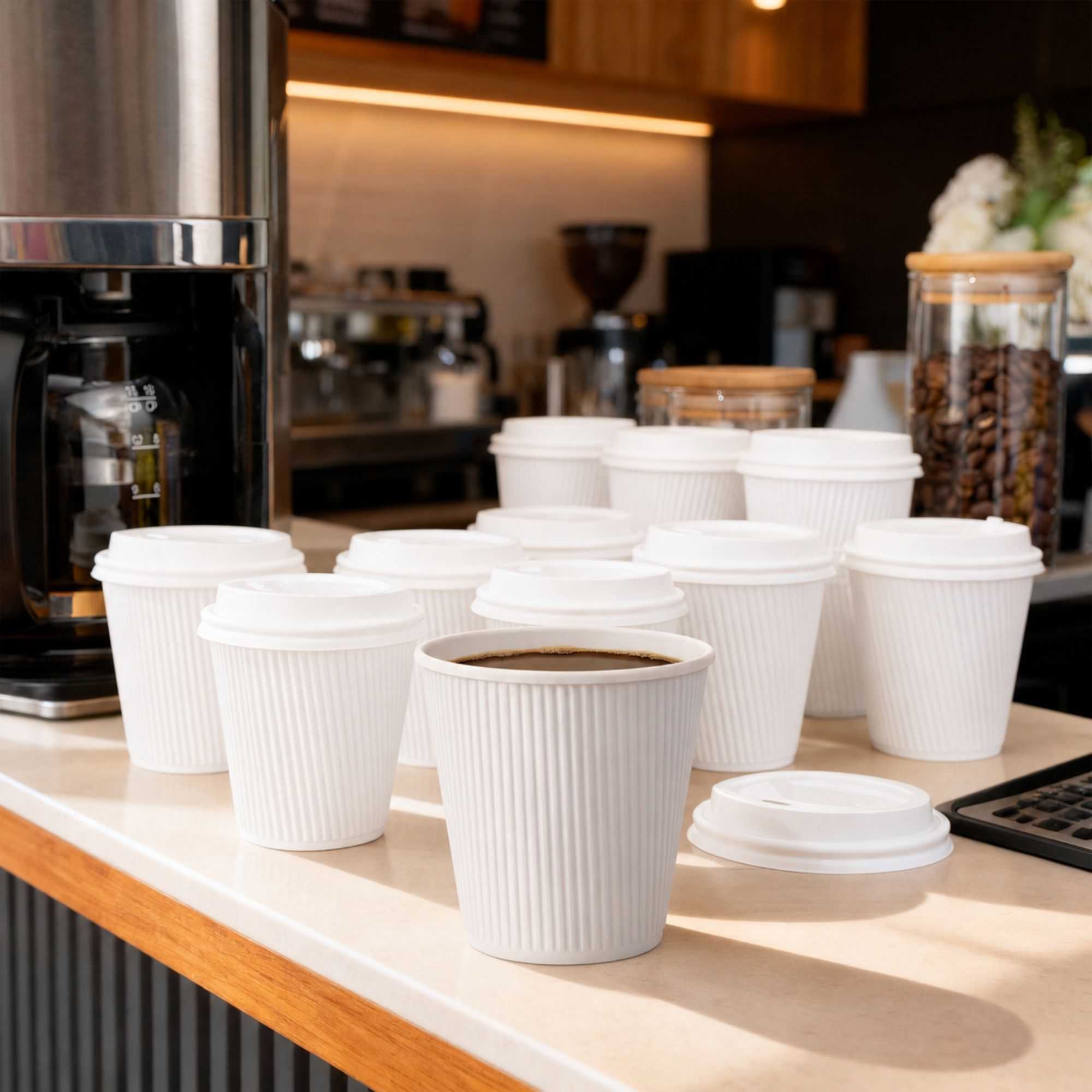 Restpresso 8 oz White Paper Coffee Cup - Ripple Wall - 3 1/2" x 3 1/2" x 3 1/4" - 25 count box
