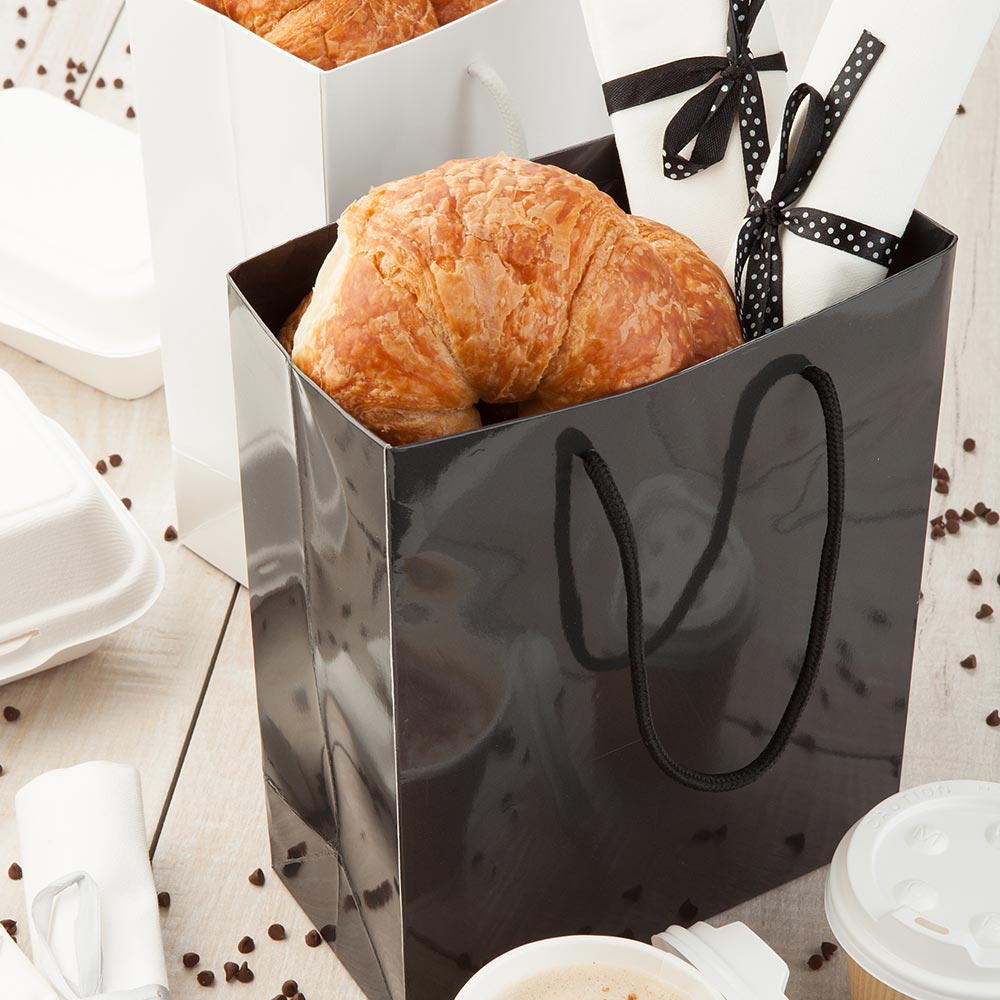 Vogue Rectangle Black Paper Small Shopping and Take Out Bag - Glossy, Rope Handles - 6 1/2" x 3 1/4" x 7 1/2" - 10 count box