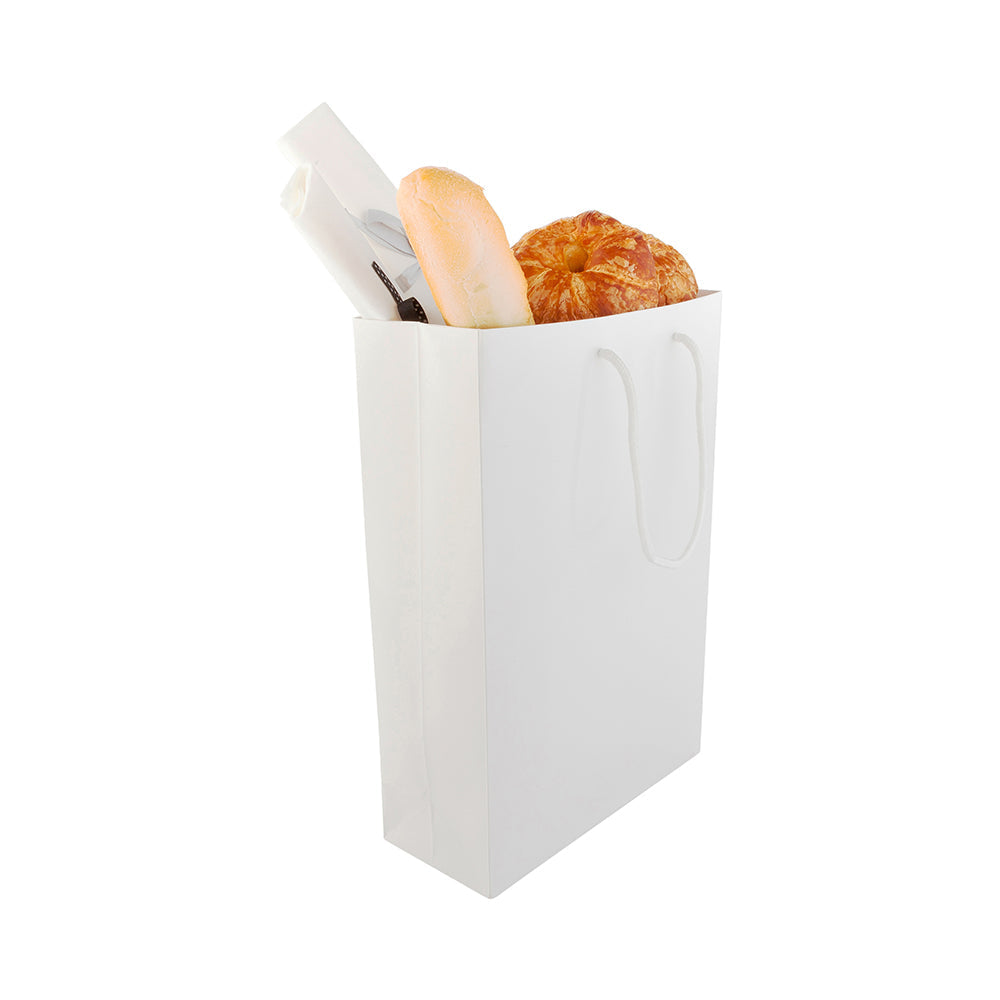 Vogue Rectangle White Paper Large Shopping and Take Out Bag - Glossy, Rope Handles - 9 1/2" x 4" x 14" - 10 count box