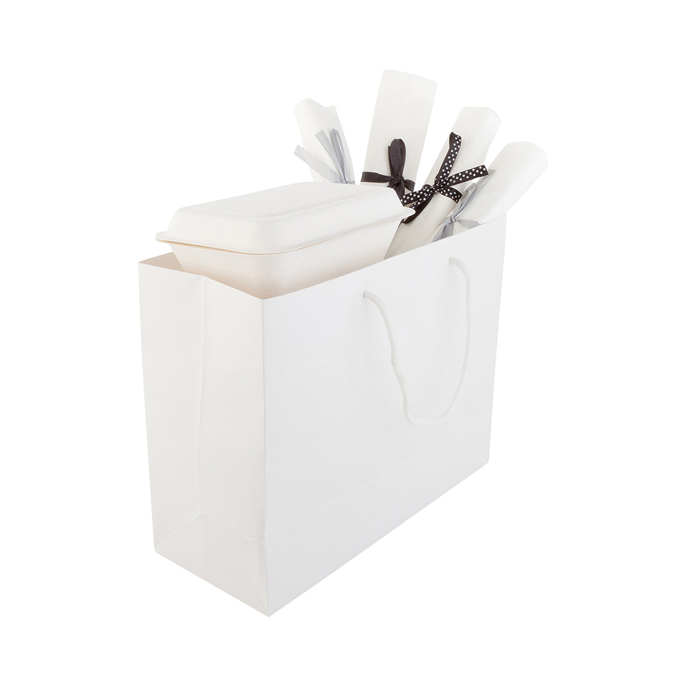 Vogue Rectangle White Paper Extra Large Shopping and Take Out Bag - Glossy, Rope Handles - 12 1/2" x 5" x 10" - 10 count box