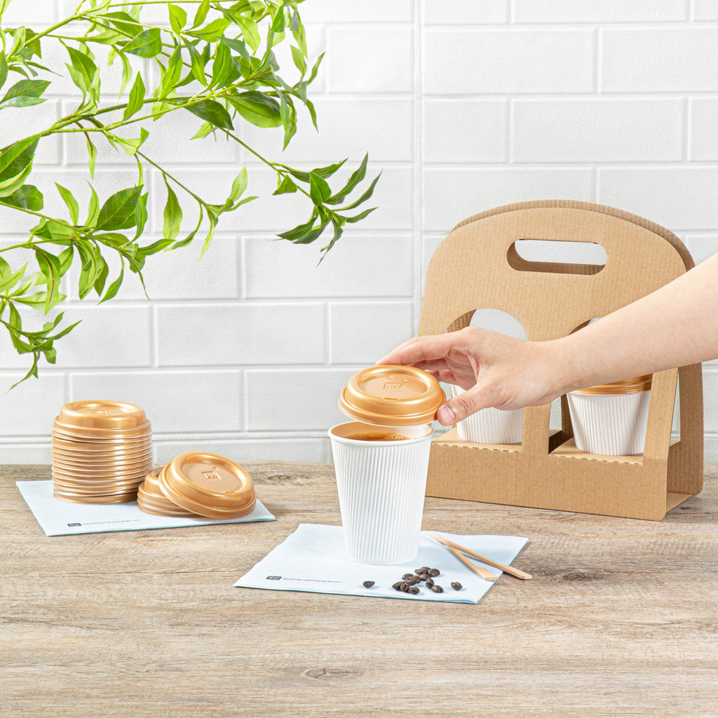 Restpresso Gold Plastic Coffee Cup Lid - Fits 8, 12, 16 and 20 oz - 500 count box