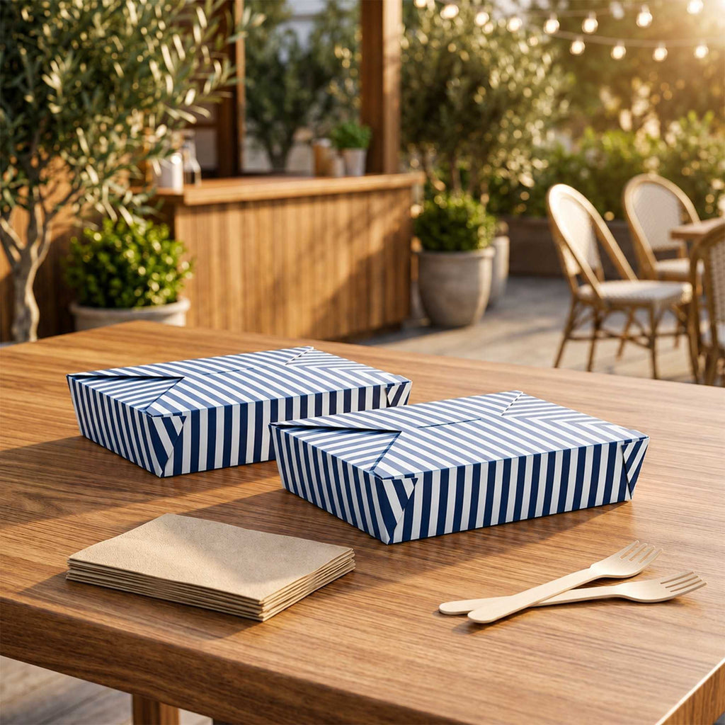 Bio Tek 49 oz Rectangle Blue and White Stripe Paper #2 Bio Box Take Out Container - 8 1/2" x 6 1/4" x 2" - 200 count box