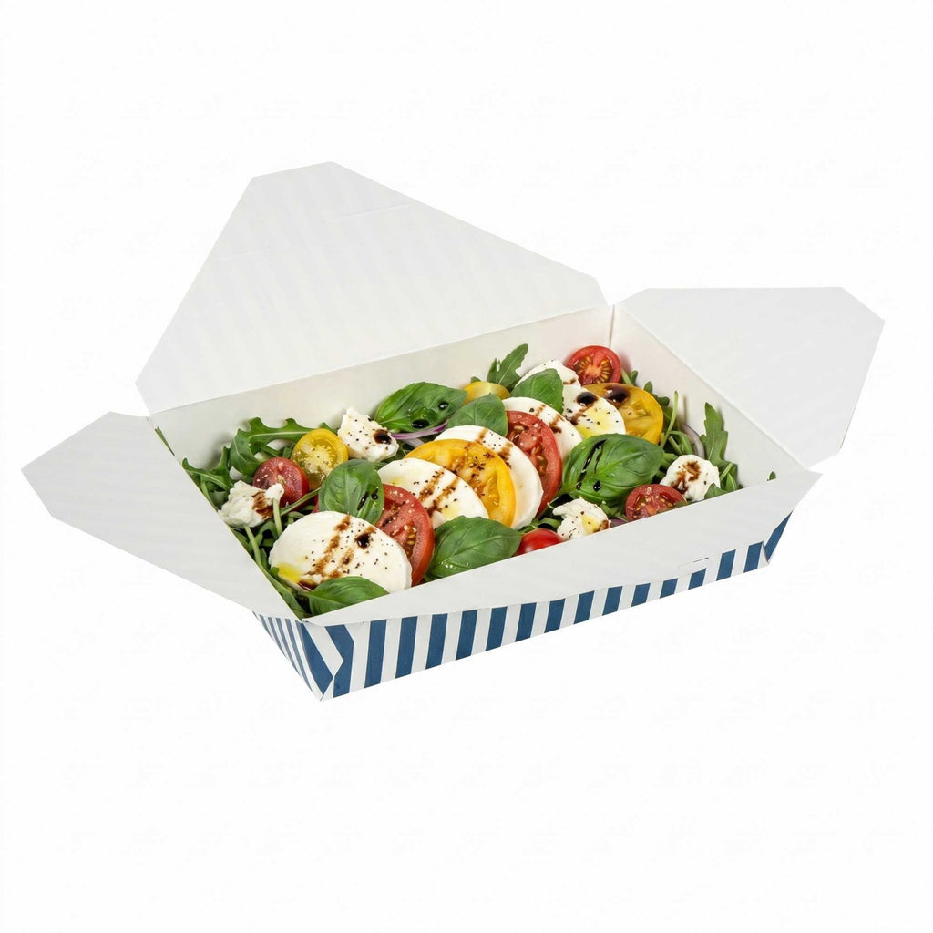 Bio Tek 49 oz Rectangle Blue and White Stripe Paper #2 Bio Box Take Out Container - 8 1/2" x 6 1/4" x 2" - 200 count box
