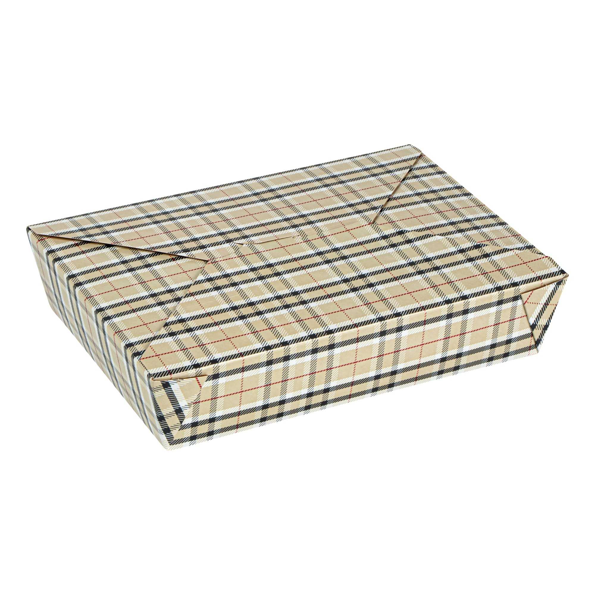 Bio Tek 49 oz Rectangle Plaid Paper #2 Bio Box Take Out Container - 8 1/2" x 6 1/4" x 2" -50 count box