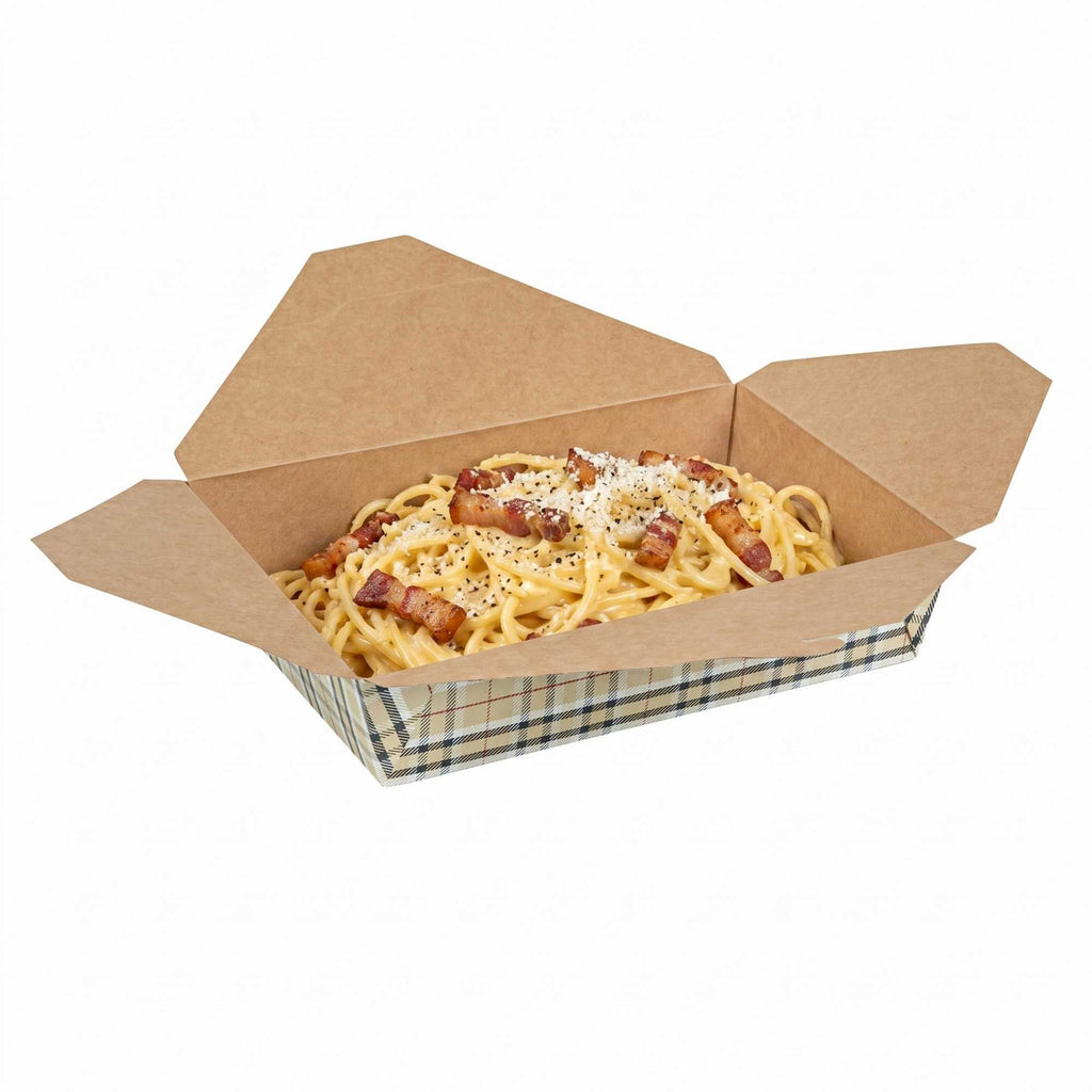Bio Tek 49 oz Rectangle Plaid Paper #2 Bio Box Take Out Container - 8 1/2" x 6 1/4" x 2" -50 count box