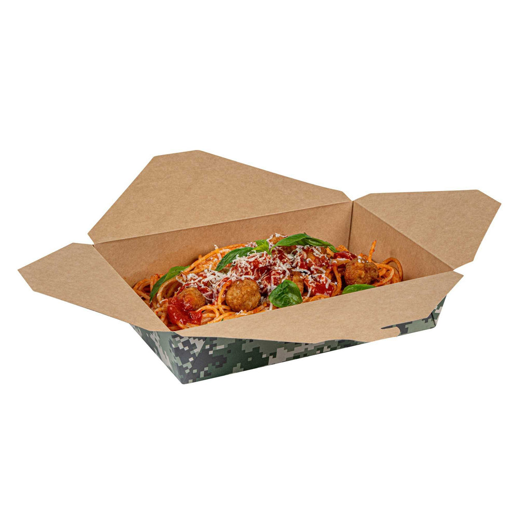 Bio Tek 49 oz Rectangle Camouflage Paper #2 Bio Box Take Out Container - 8 1/2" x 6 1/4" x 2" -50 count box