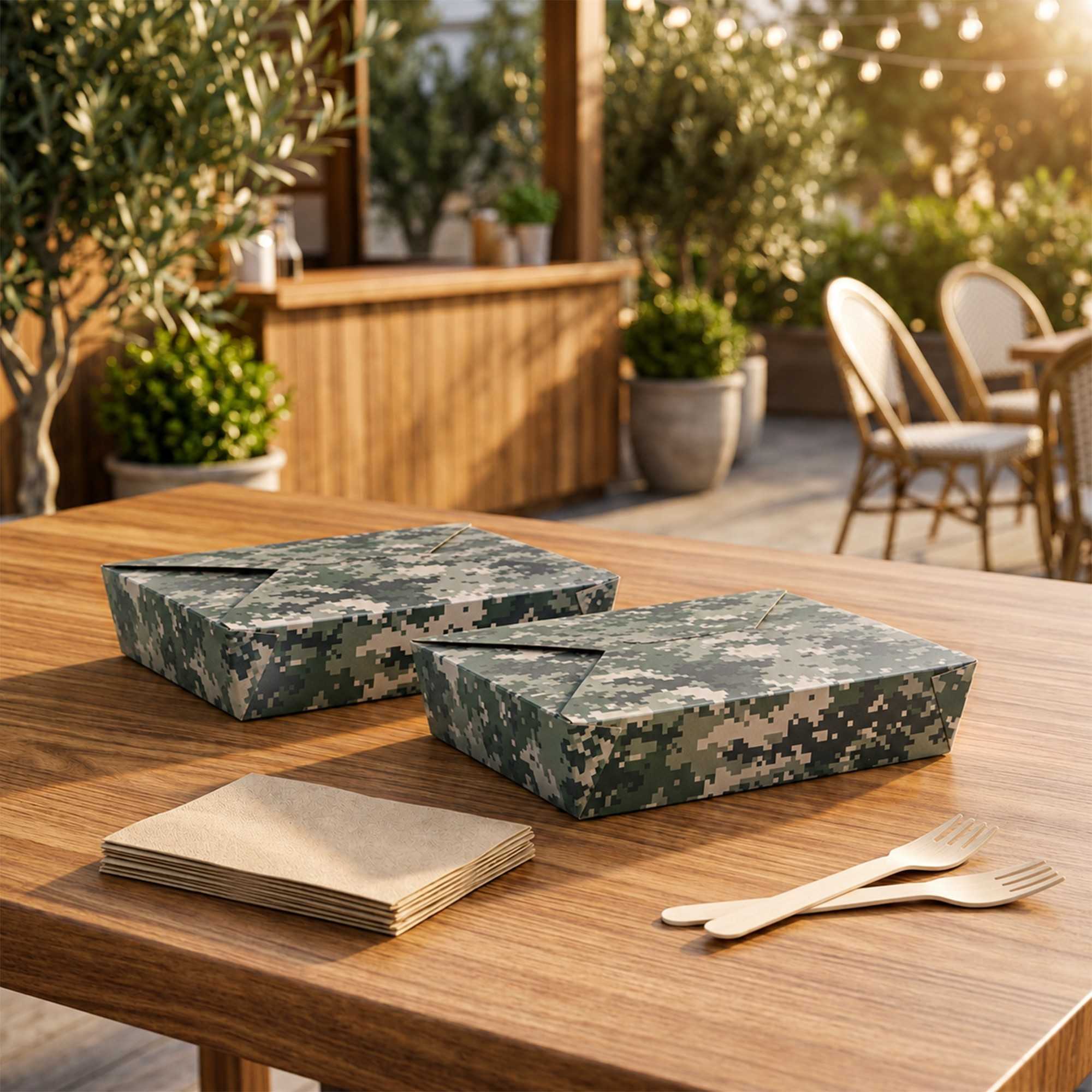 Bio Tek 49 oz Rectangle Camouflage Paper #2 Bio Box Take Out Container - 8 1/2" x 6 1/4" x 2" -50 count box