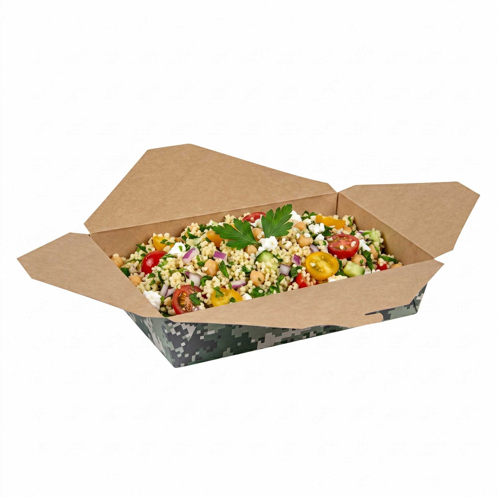 Bio Tek 49 oz Rectangle Camouflage Paper #2 Bio Box Take Out Container - 8 1/2" x 6 1/4" x 2" -50 count box