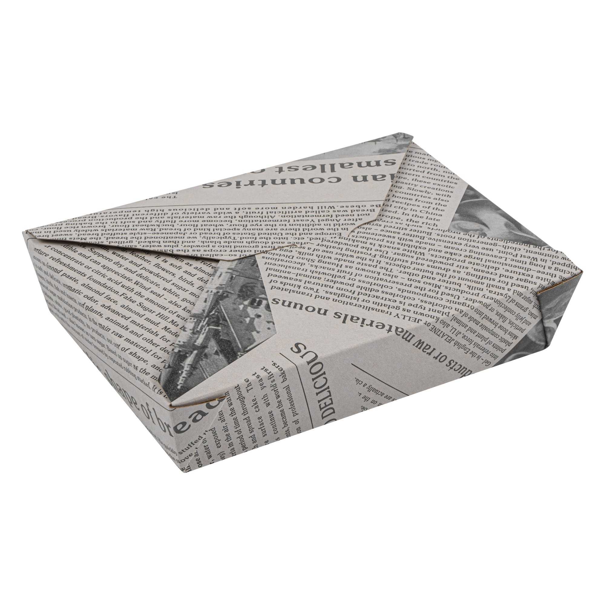 Bio Tek 49 oz Rectangle Newsprint Paper Bio Box Take Out Container - 8 1/2" x 6 1/4" x 2" - 50 count box