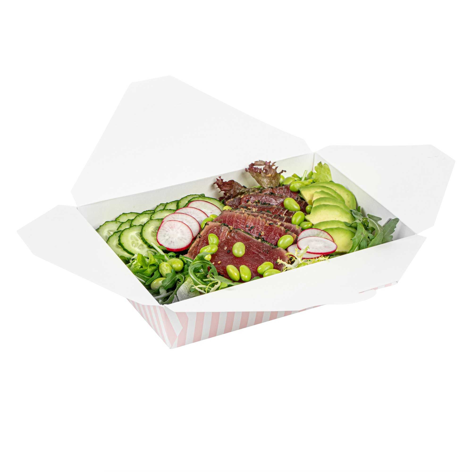 Bio Tek 49 oz Rectangle Pink and White Stripe Paper #2 Bio Box Take Out Container - 8 1/2" x 6 1/4" x 2" - 200 count box
