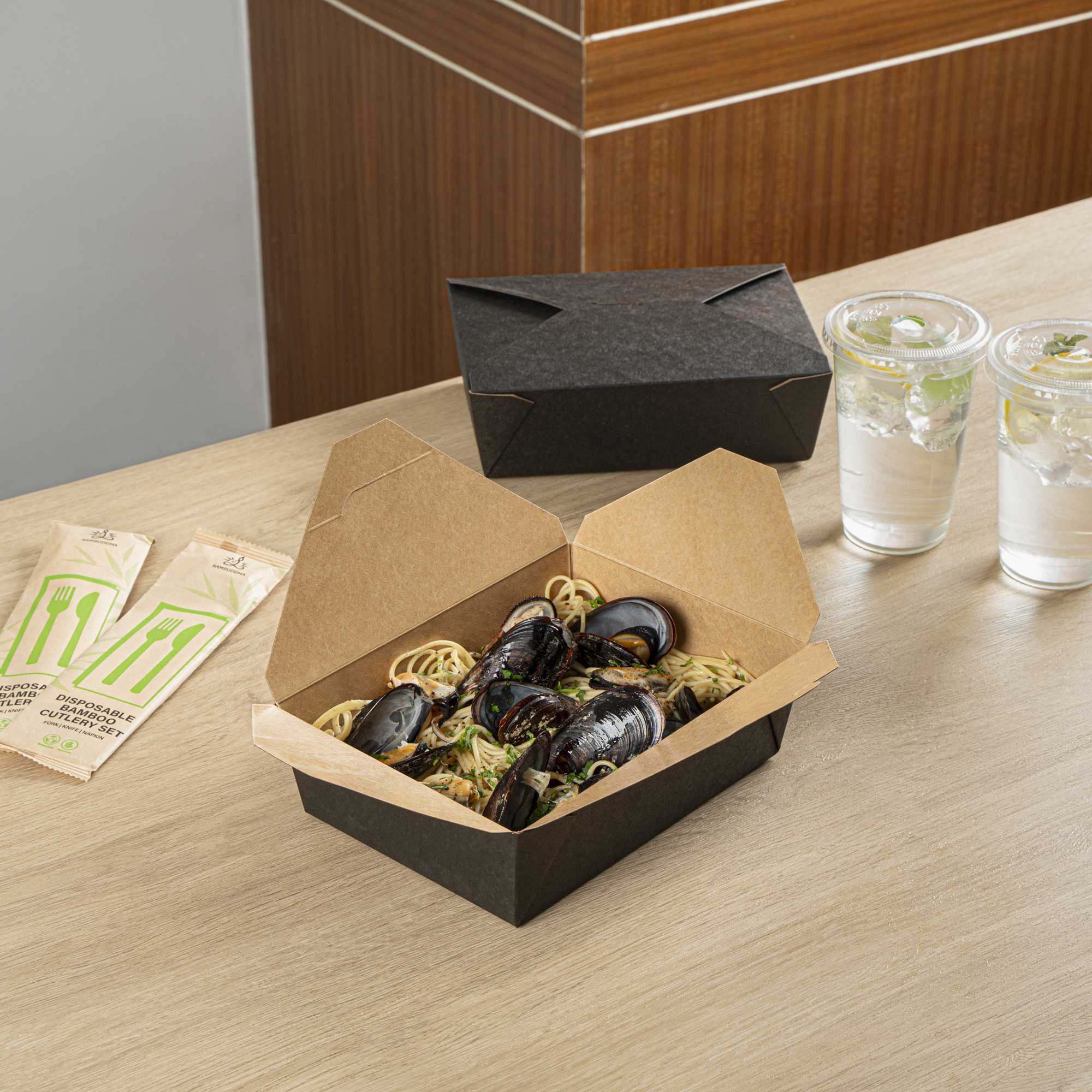 Bio Tek 71 oz Rectangle Black Paper #3 Bio Box Take Out Container - 8 1/2" x 6 1/4" x 2 1/2" - 200 count box