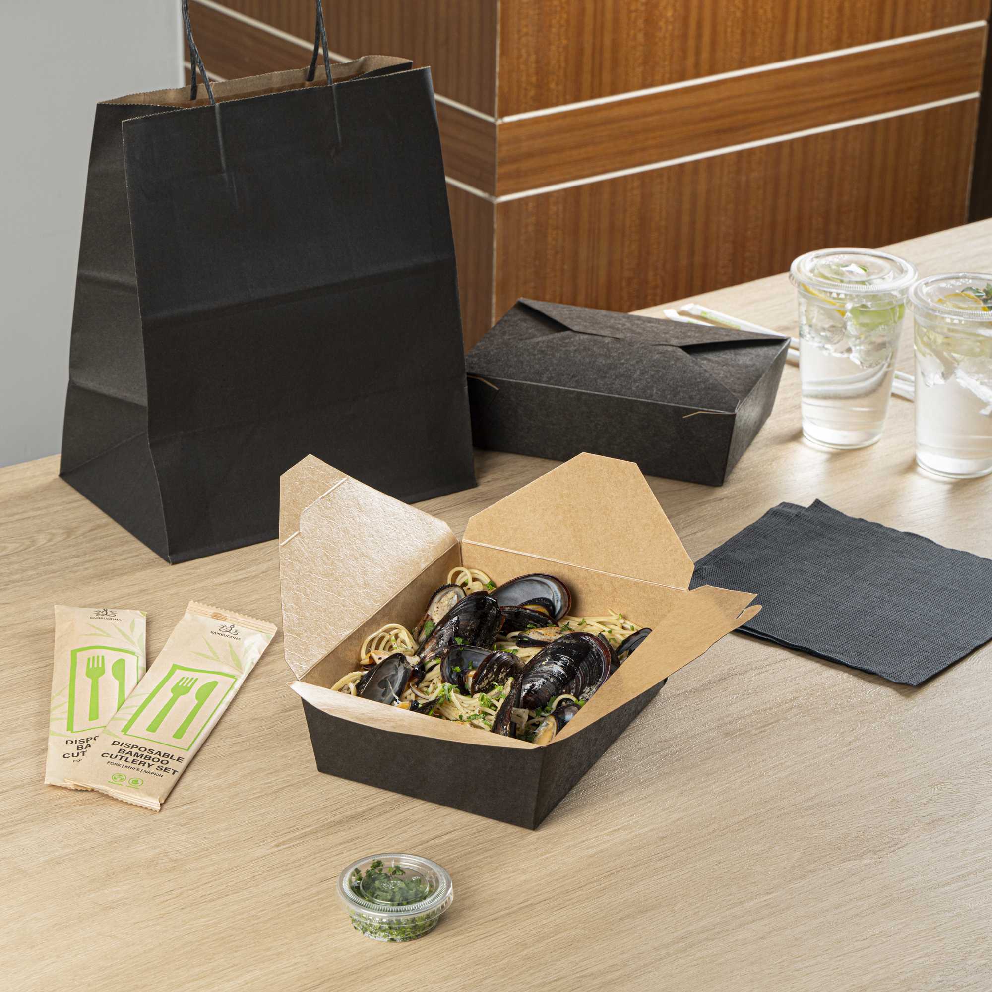 Bio Tek 71 oz Rectangle Black Paper #3 Bio Box Take Out Container - 8 1/2" x 6 1/4" x 2 1/2" - 200 count box