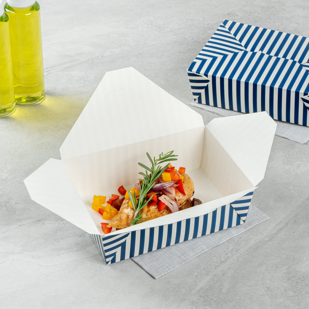 Bio Tek 71 oz Rectangle Blue and White Stripe Paper #3 Bio Box Take Out Container - 8 1/2" x 6 1/4" x 2 1/2" -50 count box