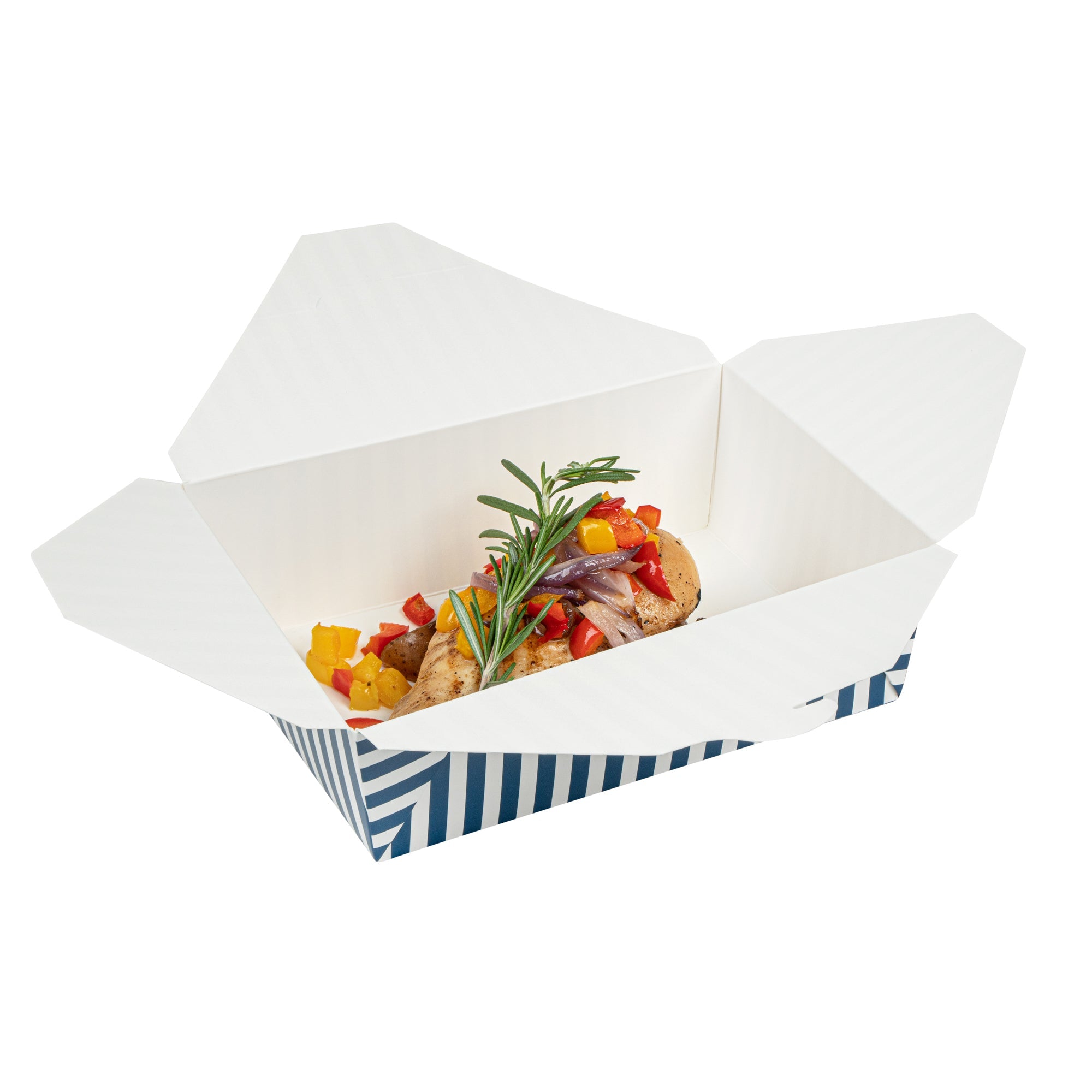 Bio Tek 71 oz Rectangle Blue and White Stripe Paper #3 Bio Box Take Out Container - 8 1/2" x 6 1/4" x 2 1/2" -50 count box
