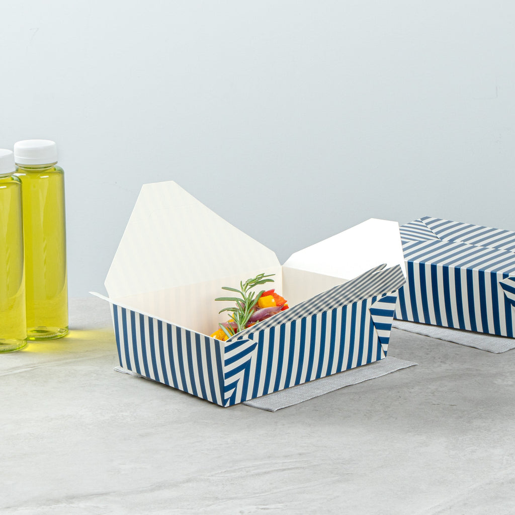Bio Tek 71 oz Rectangle Blue and White Stripe Paper #3 Bio Box Take Out Container - 8 1/2" x 6 1/4" x 2 1/2" -50 count box