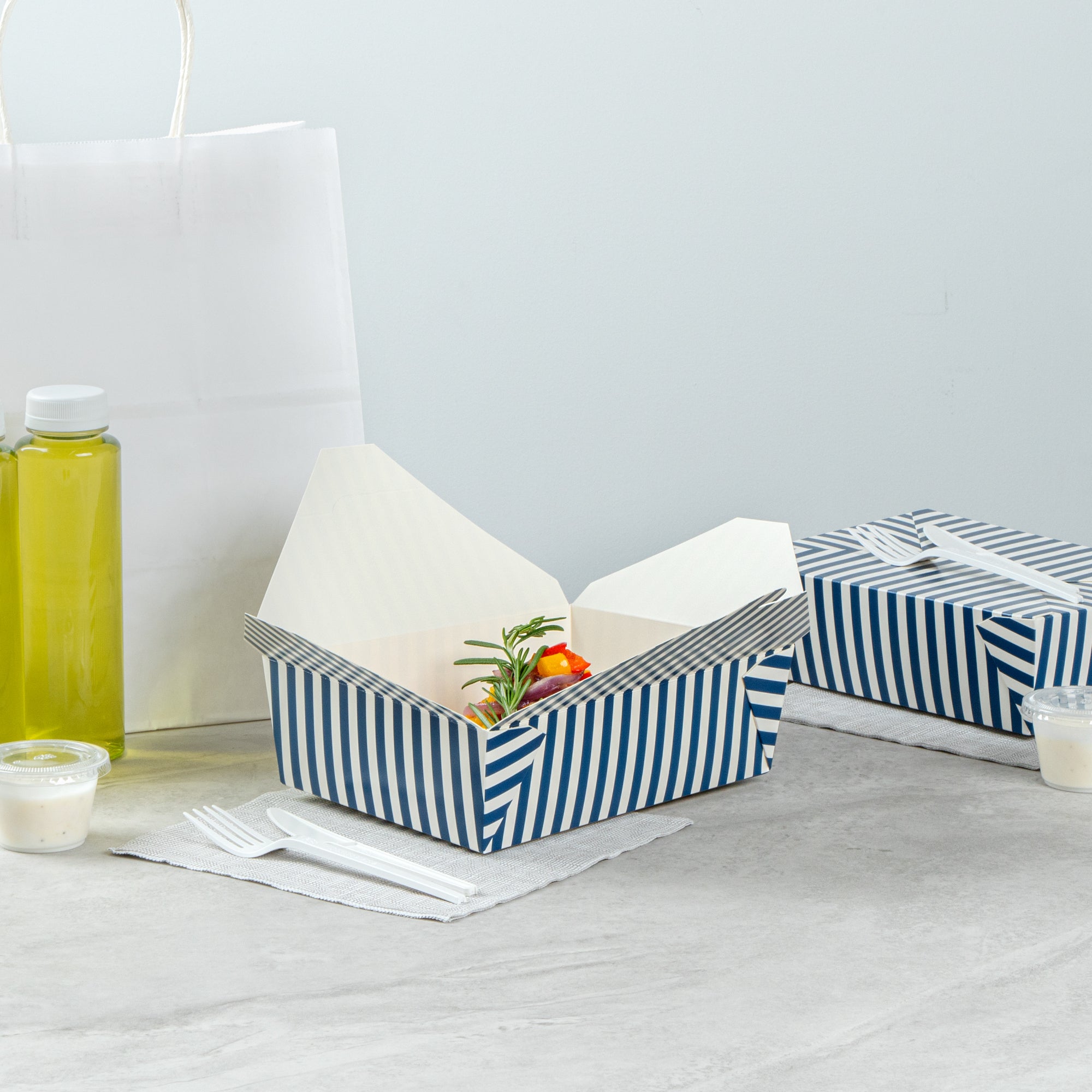 Bio Tek 71 oz Rectangle Blue and White Stripe Paper #3 Bio Box Take Out Container - 8 1/2" x 6 1/4" x 2 1/2" -50 count box