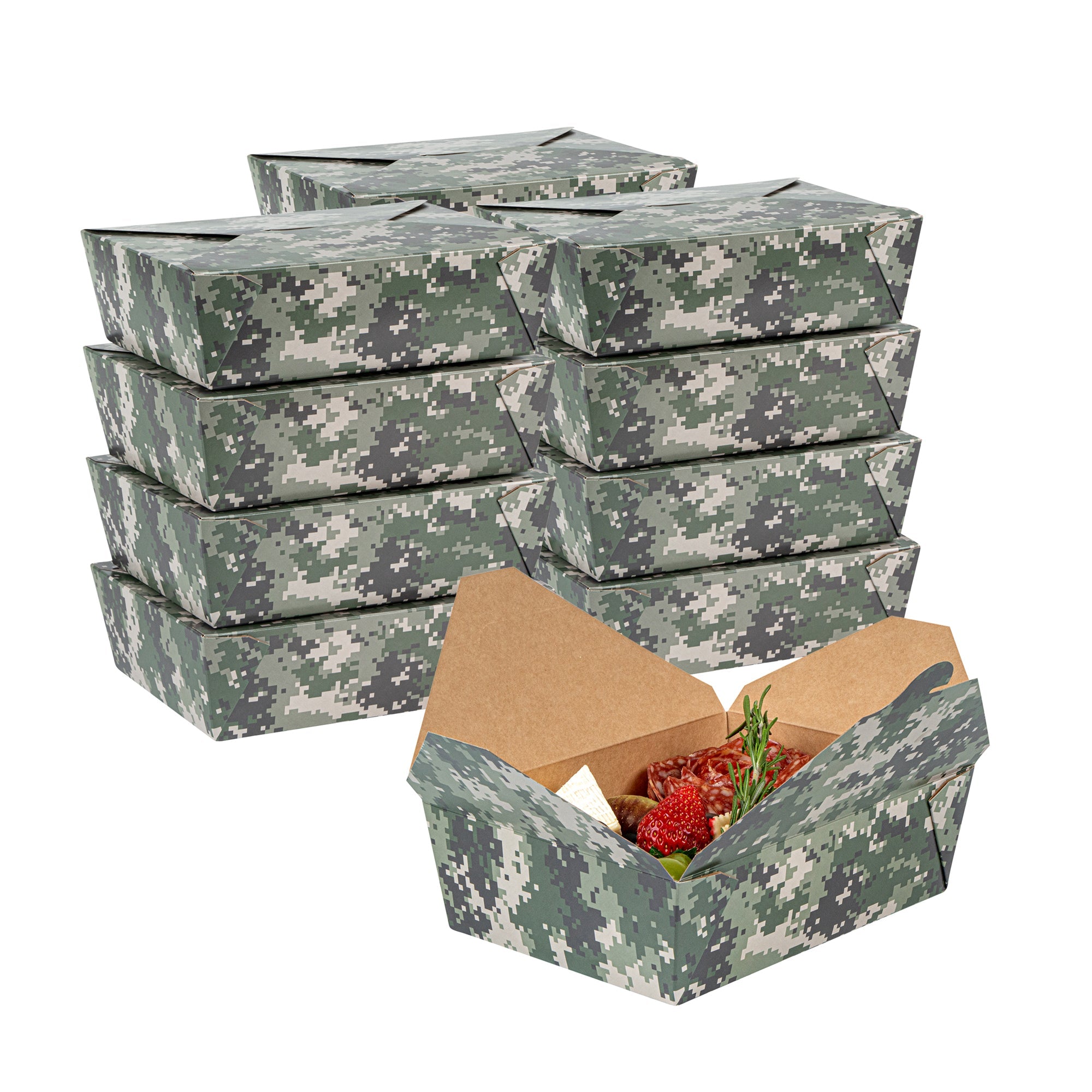 Bio Tek 71 oz Rectangle Camouflage Paper #3 Bio Box Take Out Container - 8 1/2" x 6 1/4" x 2 1/2" -50 count box