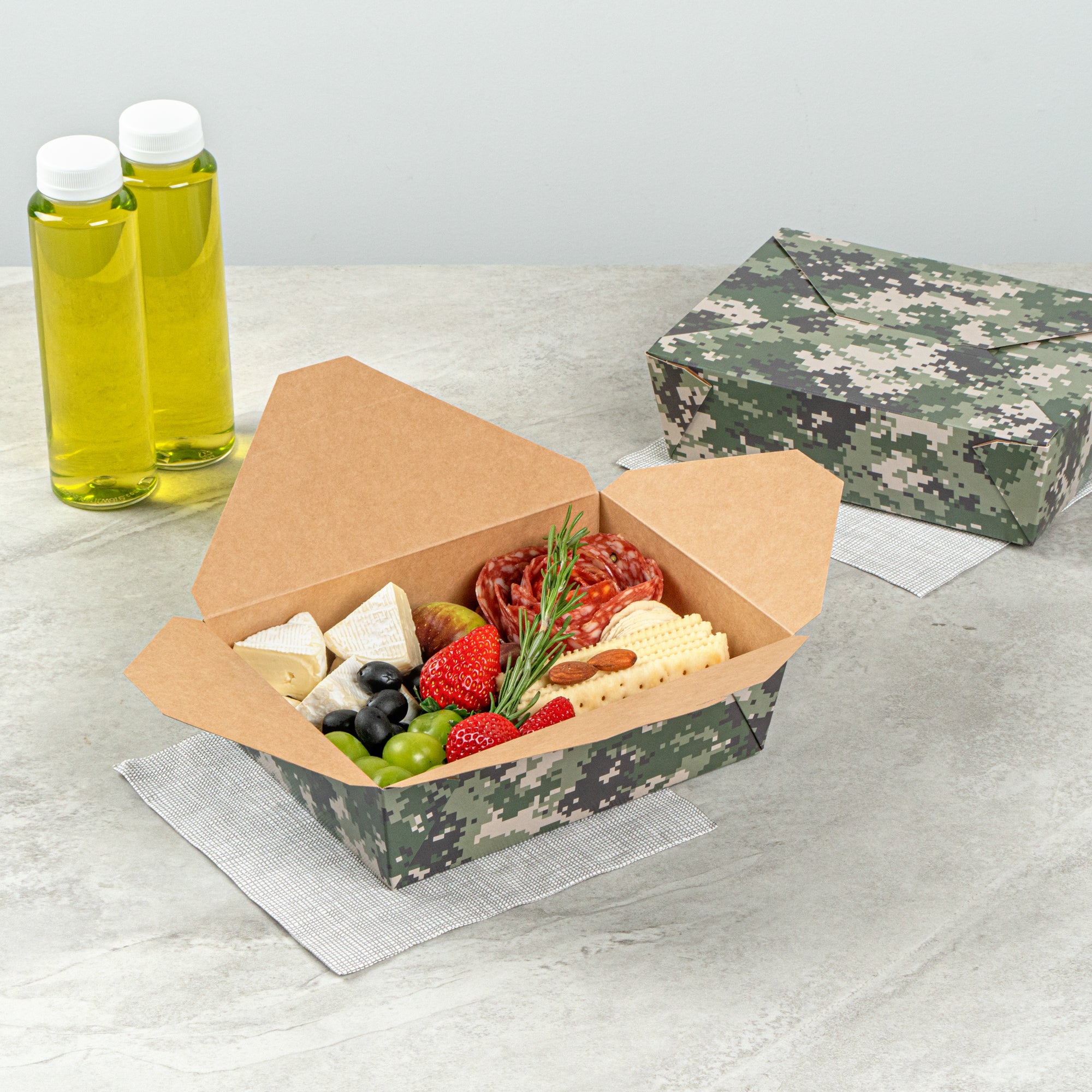 Bio Tek 71 oz Rectangle Camouflage Paper #3 Bio Box Take Out Container - 8 1/2" x 6 1/4" x 2 1/2" -50 count box