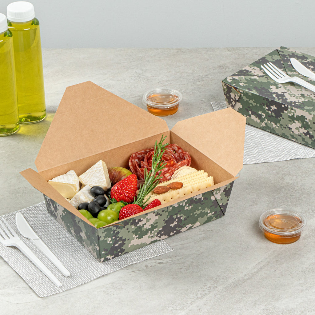 Bio Tek 71 oz Rectangle Camouflage Paper #3 Bio Box Take Out Container - 8 1/2" x 6 1/4" x 2 1/2" -50 count box