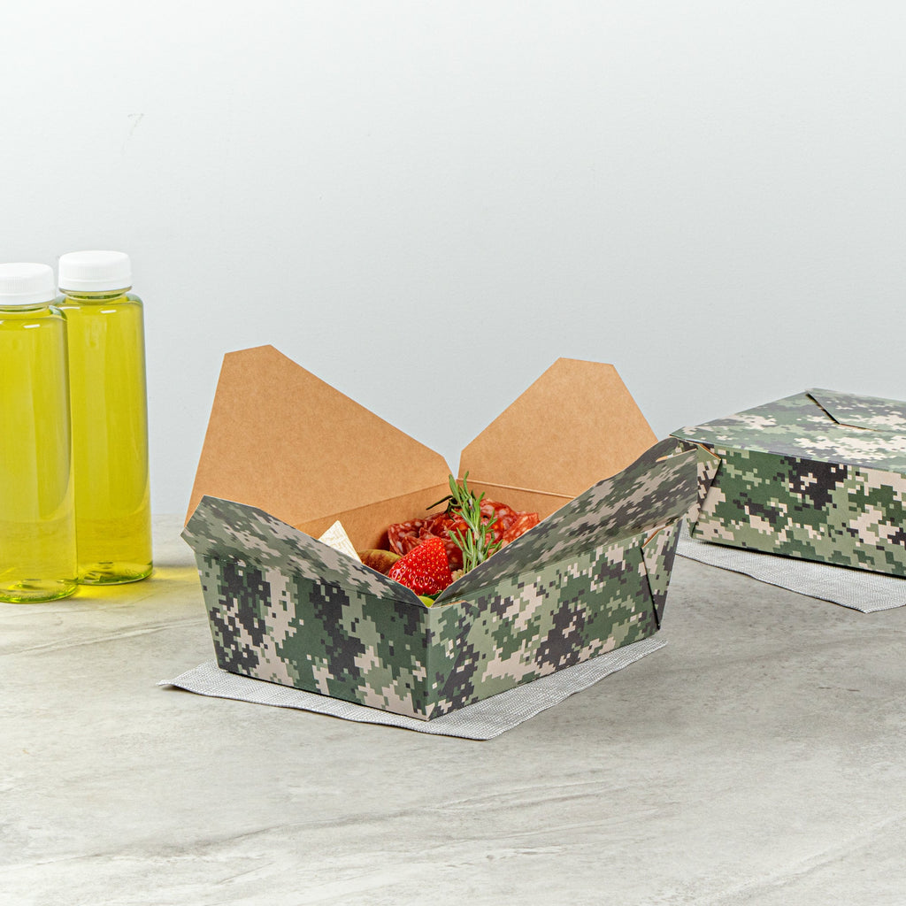 Bio Tek 71 oz Rectangle Camouflage Paper #3 Bio Box Take Out Container - 8 1/2" x 6 1/4" x 2 1/2" -50 count box